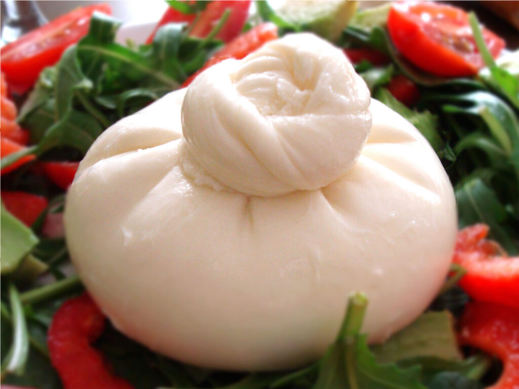Aufgeschnittene apulische Burrata: die Hülle aus Pasta filata und die Stracciatella im Inneren