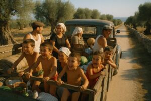 Eine apulische Familie in den Sechzigern auf der Ladefläche eines Lastwagens ans Meer