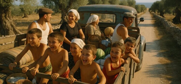 Eine apulische Familie in den Sechzigern auf der Ladefläche eines Lastwagens ans Meer