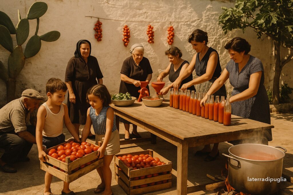 Illustration: der Tag der Tomatensauce in einem apulischen Hof, die Flaschen, die am nächsten Morgen ins Auto kamen