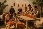 Illustration zum Tag der Tomatensauce: eine apulische Familie im Hof Ende August, mit Tomatenkisten, der Handmühle und den aufgereihten Flaschen