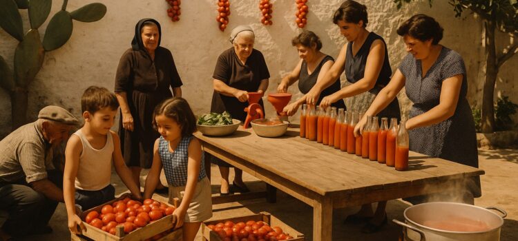 Illustration zum Tag der Tomatensauce: eine apulische Familie im Hof Ende August, mit Tomatenkisten, der Handmühle und den aufgereihten Flaschen