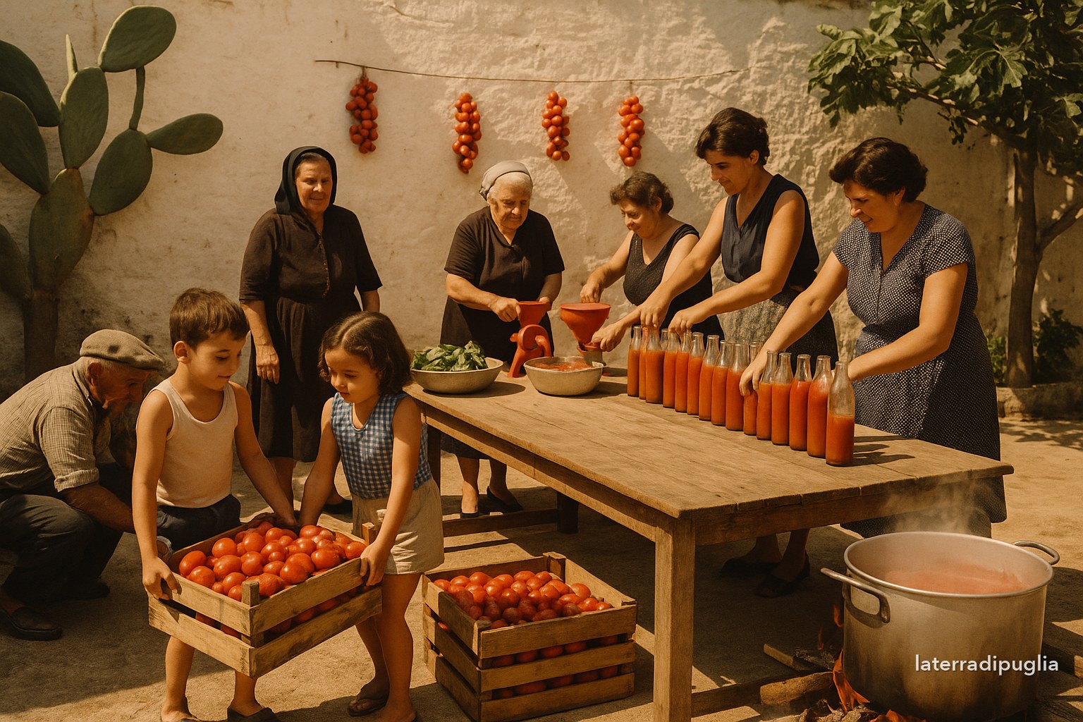 Illustration zum Tag der Tomatensauce: eine apulische Familie im Hof Ende August, mit Tomatenkisten, der Handmühle und den aufgereihten Flaschen