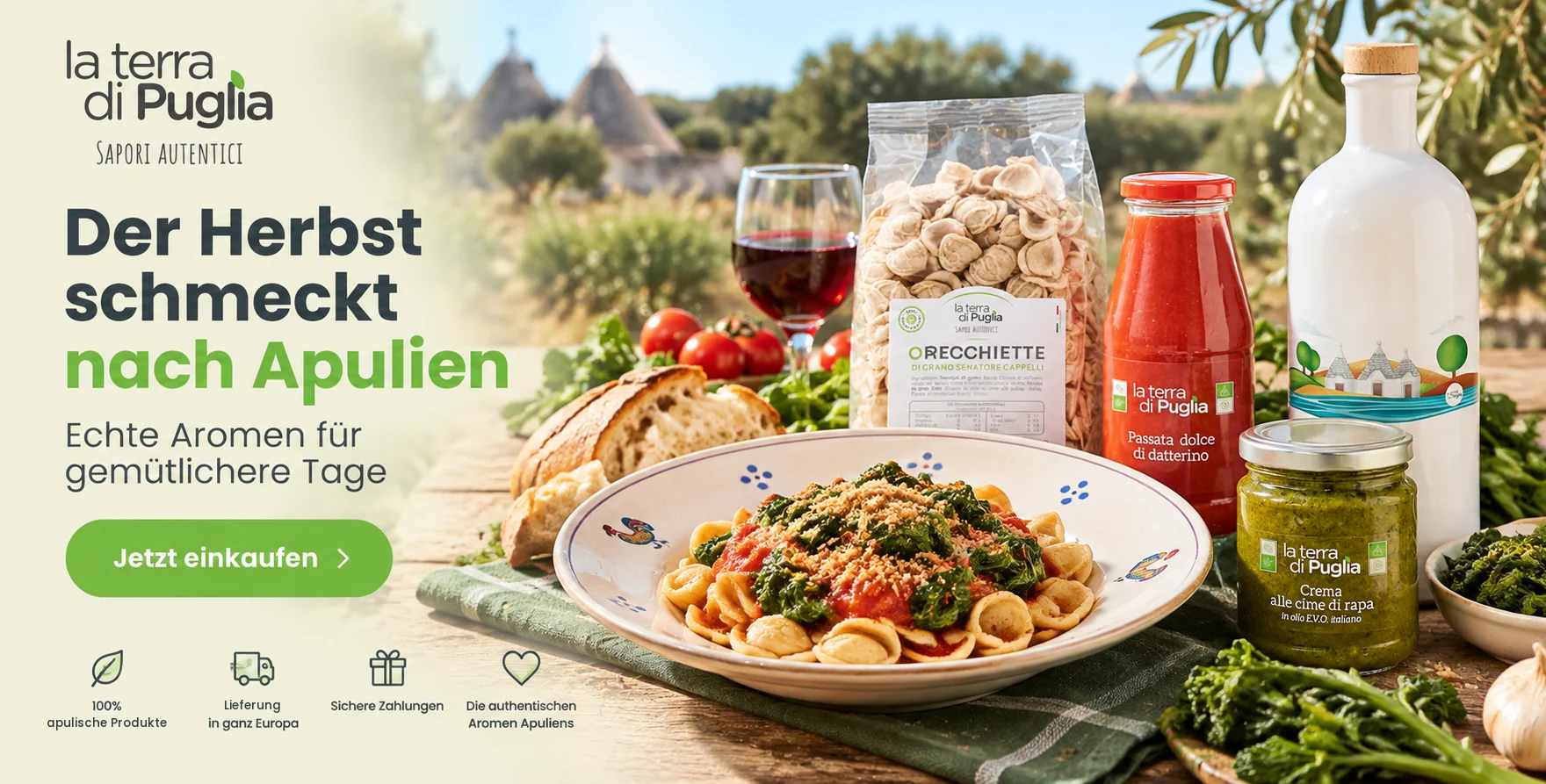 Der Herbst schmeckt nach Apulien — Orecchiette mit Stängelkohl, Olivenöl, Passata aus Datterino-Tomaten und Stängelkohlcreme von La Terra di Puglia