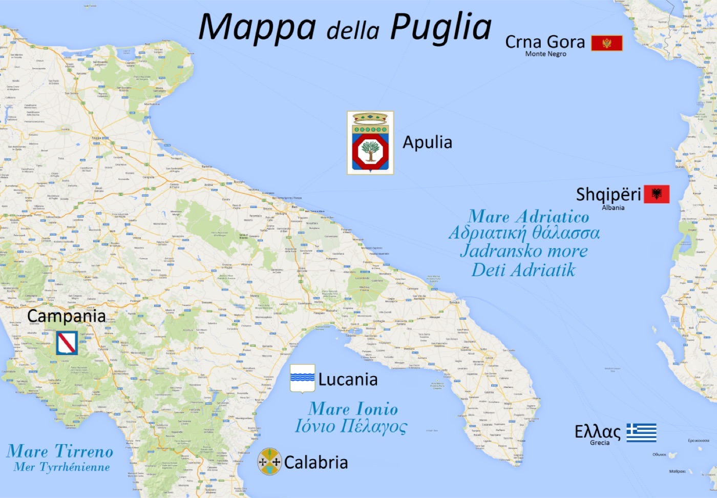 Karte der Gebiete Apuliens: Gargano, Tavoliere, Terra di Bari, Valle d'Itria, Murgia, Salento und der ionische Bogen