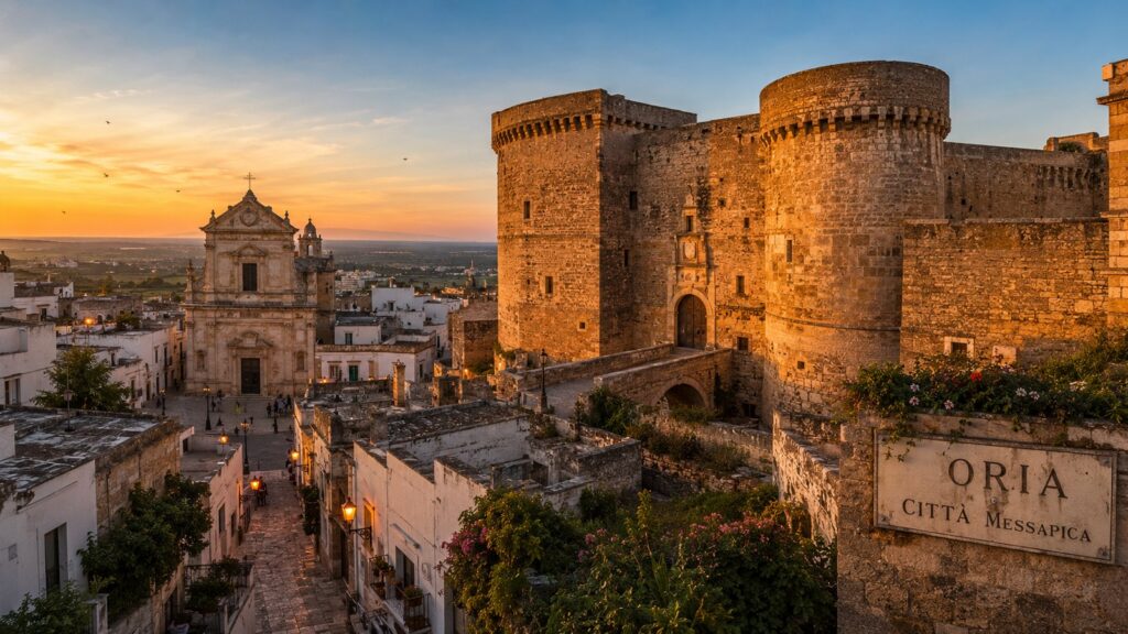 Oria bei Sonnenuntergang, mit der Stauferburg Friedrichs II. über der Altstadt