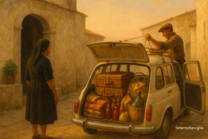 Illustration: ein im Morgengrauen beladenes Auto vor einem apulischen Haus, Ende August