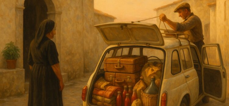 Illustration: ein im Morgengrauen beladenes Auto vor einem apulischen Haus, Ende August