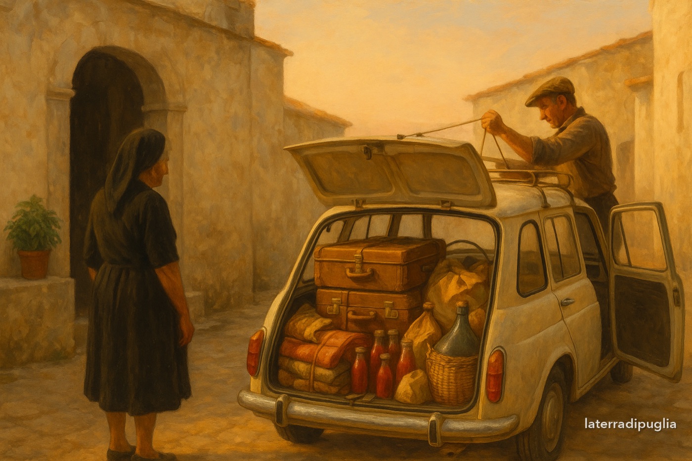 Illustration: ein im Morgengrauen beladenes Auto vor einem apulischen Haus, Ende August