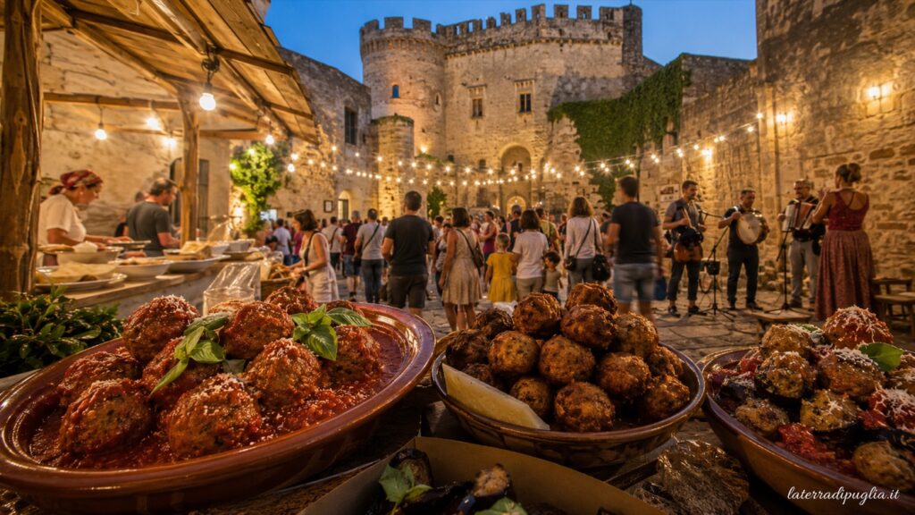 Typische apulische Gerichte in Nahaufnahme bei einem abendlichen Dorffest im beleuchteten Hof einer mittelalterlichen Burg, mit Livemusik und Besuchern