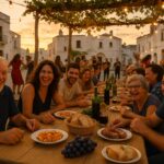 Lachende Familien an einer langen Tafel bei einem apulischen Dorffest im September, bei Sonnenuntergang, mit Musikern und einem tanzenden Paar im Hintergrund