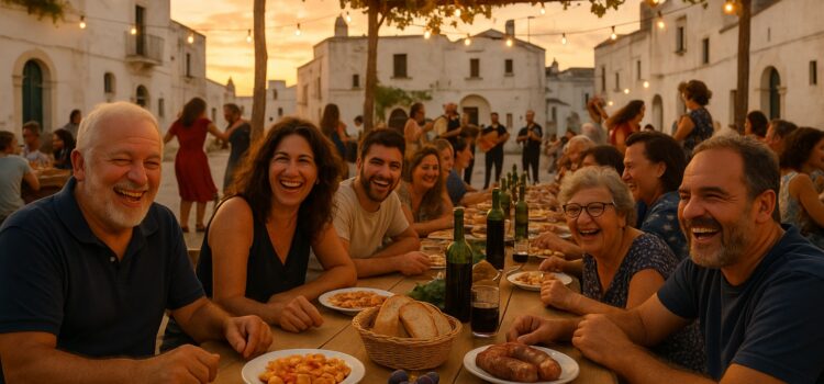Lachende Familien an einer langen Tafel bei einem apulischen Dorffest im September, bei Sonnenuntergang, mit Musikern und einem tanzenden Paar im Hintergrund