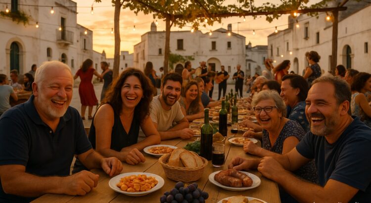 Lachende Familien an einer langen Tafel bei einem apulischen Dorffest im September, bei Sonnenuntergang, mit Musikern und einem tanzenden Paar im Hintergrund