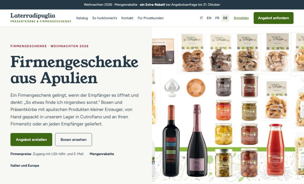 Die Seite cesti.laterradipuglia.it für Firmengeschenke: Katalog, Online-Angebot und Mengenrabatt