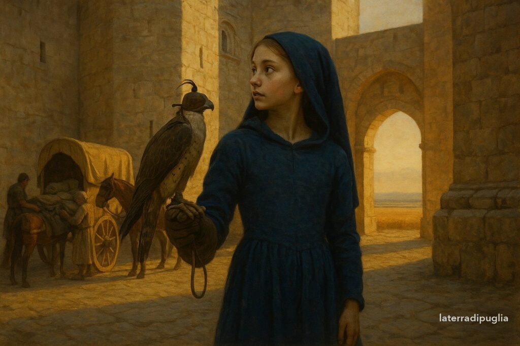 Illustration: Selvaggia von Staufen mit ihrem Falken im Hof einer apulischen Burg, vor der Abreise in den Norden — eine Rekonstruktion, kein Foto