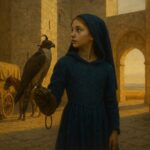 Illustration: Selvaggia von Staufen mit ihrem Falken im Hof einer apulischen Burg, vor der Abreise in den Norden — eine Rekonstruktion, kein Foto