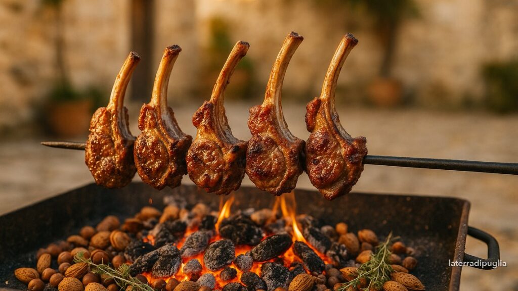 Hammelkoteletts am Spieß über einer Glut aus Mandel- und Haselnussschalen mit Thymian