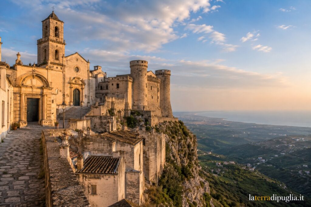 Illustration: Monte Sant'Angelo auf dem Gargano mit Kirche und Burgtürmen über dem Steilhang, im Abendlicht