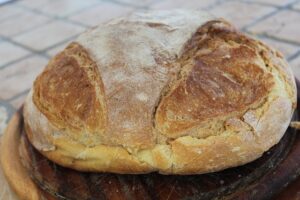 Ein rund gebackener Laib Brot nach Altamura-Art auf einem Holzbrett